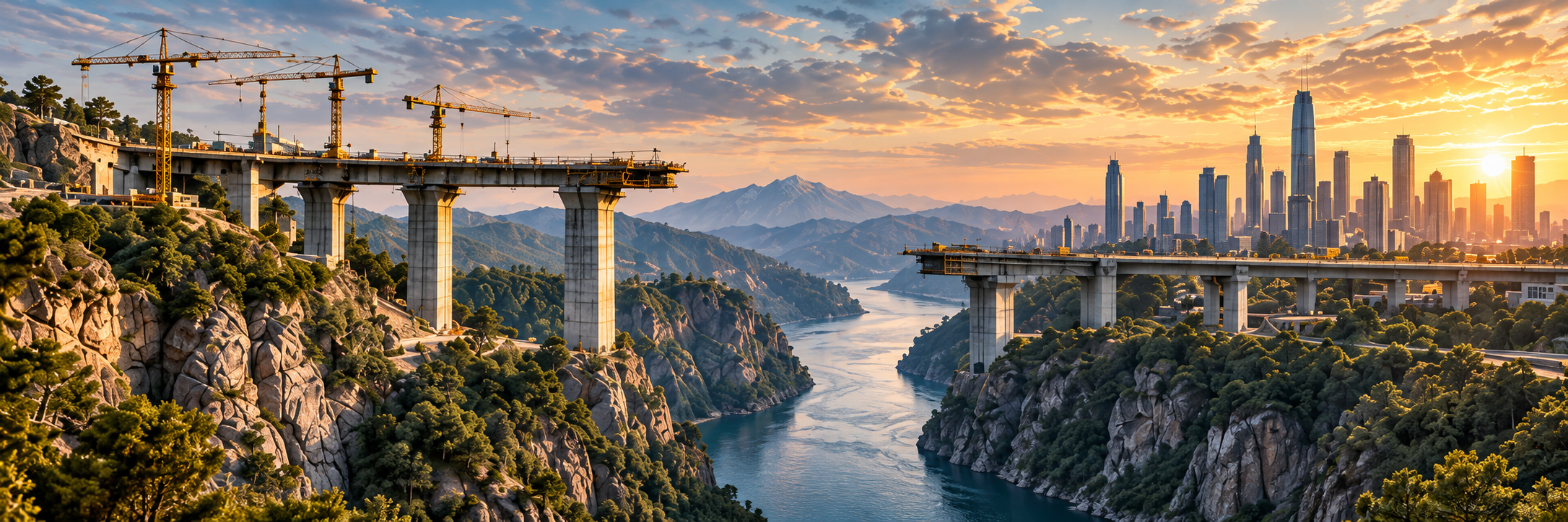 An unfinished bridge above a river gorge, with construction on the near bank and a sunlit city across the missing span.